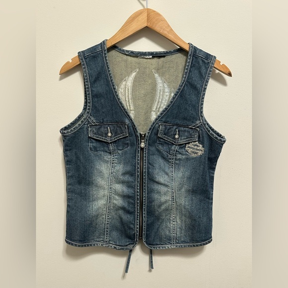 Harley Davidson Women Medium Denim Zip Corset Rhinestone Wing Pocket Vest Y2K - Picture 8 of 8